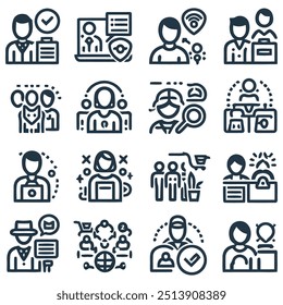 A grid of 16 simple, black-and-white icons shows business and communication themes. Icons include a person with a checkmark, a headset for support, a magnifying glass, teamwork, chat, and padlock.