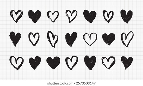 A grid of 18 black and white heart illustrations. Each heart is uniquely styled, showcasing a variety of hand-drawn heart designs. Simple, artistic hearts on a grid. Hand drawn Valentine's Day vector.