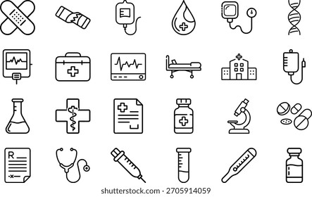Uma grade de 20 ícones médicos de arte em linha preta sobre um fundo branco. Formato vetorial escalável adequado ...
