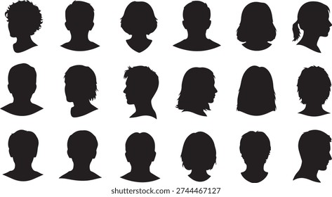 A grid of 20 black silhouettes of people's heads in various hairstyles and profiles on a white background