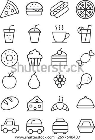 A grid of 20 black and white outline icons of food and drinks, featuring pizza, burgers, coffee, juice, desserts, fruits, bread, cheese, and more in a clean minimal line art style