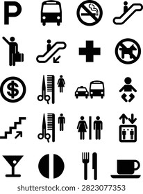 A grid of 20 black and white pictograms representing various public signs and services. These include a parking symbol, bus, no smoking sign, escalator, person with luggage, medical cross, no pets sign, dollar sign, barber symbols, transportation icons (taxi, bus), baby symbol, stairs, elevator, and icons for a bar, pharmacy, dining, and coffee. The icons are solid black silhouettes.