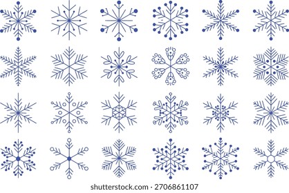 Uma grade de 20 flocos de neve distintos de arte de linha azul contra um fundo branco limpo. Cada floco de neve exibe padrões geométricos e embelezamentos únicos.