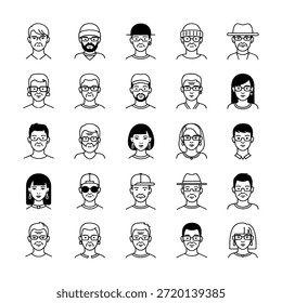 Grid of 20 diverse cartoon faces with various hairstyles and accessories