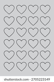 Una cuadrícula de 20 corazones delineados en un patrón repetitivo sobre un fondo gris claro, creando un diseño simple y moderno.