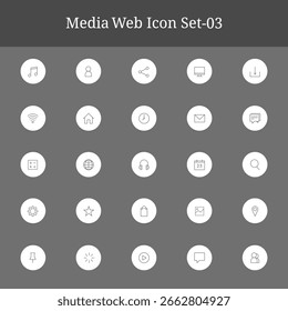Ein Raster aus 20 einfachen, weißen Linien-Kunstsymbolen, die verschiedene Medien- und Web-Interface-Elemente darstellen, auf einem einfarbigen dunkelgrauen Hintergrund dargestellt.