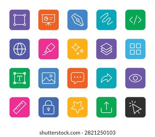 A grid of 20 square icons in various bright colors with white line art symbols for design, editing, and online use.