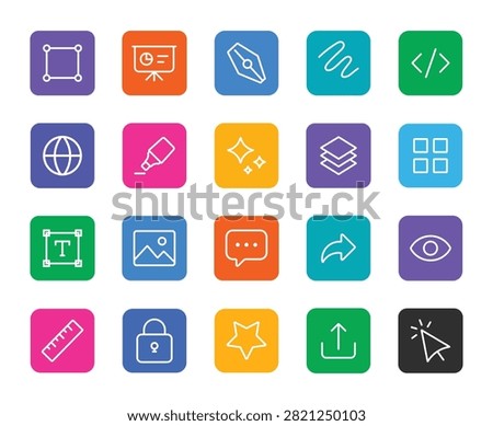 A grid of 20 square icons in various bright colors with white line art symbols for design, editing, and online use.