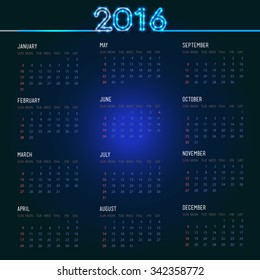 ?alendar grid for 2016, template for you design on dark background.