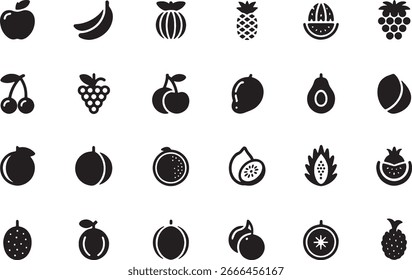 Raster mit 24 Schwarzen Früchten Icons mit verschiedenen Früchten Apfelbanane