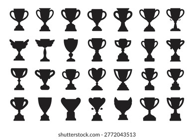 a grid of 24 black silhouette trophy cup presented in four rows of six, against a white background. The trophies display a wide array of including classic cup shapes, winged figures, and unique abstract forms. This comprehensive set of symbols is illustrating themes of competition, achievement, and victory in various projects.