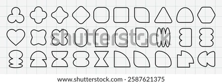 A grid of 24 unique geometric shapes, including circles, triangles, and hexagons. Each shape is outlined in black, showcasing diverse geometric designs. Black shapes, vector element set.
