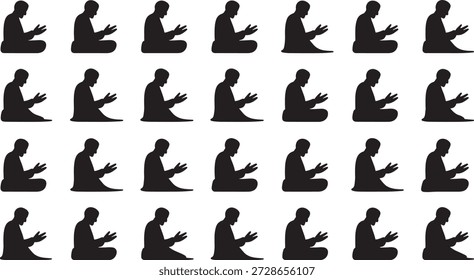 Grid of 25 Black Silhouettes Showing Kneeling Figure in Prayer Pose Representing Spirituality and Supplication