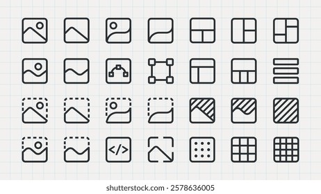 Grid of 25 black and white icons. Icons depict images, grids, and layouts. Simple line art icons on a white background. Icons for design and editing tools.