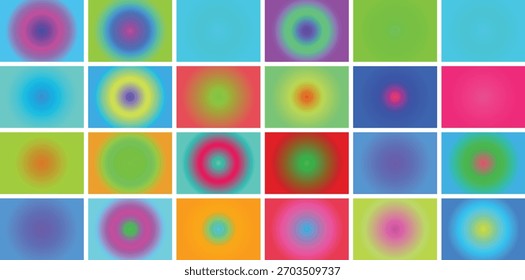 Uma grade de 25 círculos coloridos de gradiente abstrato com um efeito de brilho suave, cada um em um, criando um padrão visual vibrante e moderno