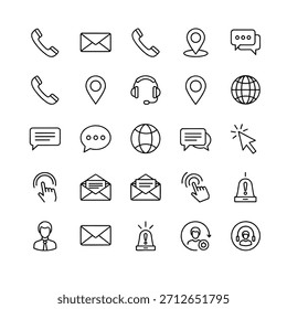 Raster von 25 minimalen schwarzen Linie Symbole Telefone, Umschläge, Chat Blasen, Pins, Globus, Headset, Warnungen.!