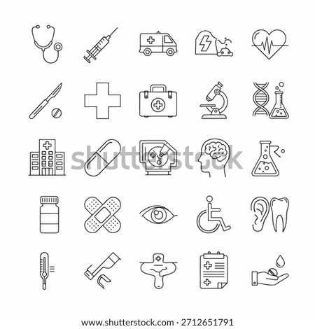 Grid of 25 thin outline medical icons showing stethoscope, syringe, ambulance, heart and more images