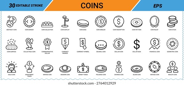 A grid of 30 editable stroke icons representing various coins and currency concepts. Scalable vec...