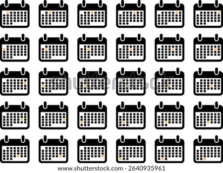 a grid of 30 minimalist calendar icons, each showing a month with some days highlighted in yellow, against a white background
