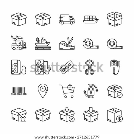 Grid of 30 shipping and packaging line icons featuring boxes, trucks, tape, labels, and tools set v2