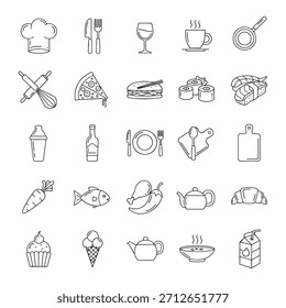 Grade de 30 simples linha preta comida e ícones da cozinha mostrando utensílios de cozinha, bebidas, sushi, padaria, produzir