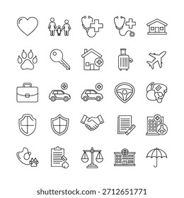 Grid of 30 thin outline icons showing heart, family, medical, home, travel, car, pet, shield extras