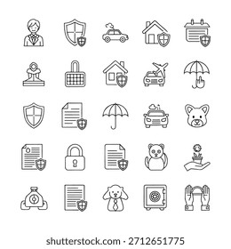 Cuadrícula de 30 iconos de contorno delgado que representan seguros, seguridad, hogar, automóvil, paraguas, cerradura, mascotas Detalles