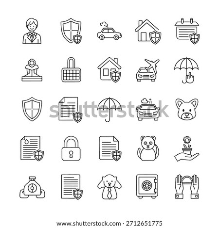 Grid of 30 thin outline icons depicting insurance, security, home, car, umbrella, lock, pets details