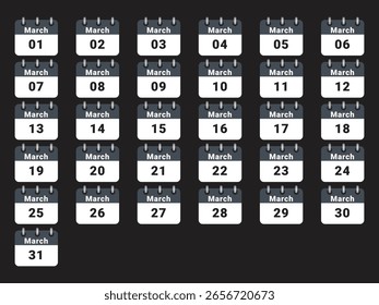 Grid of 31 days of March, calendar pages showing days of the month