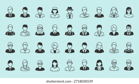 Ein Raster aus 35 einfachen Linien-Kunst-Avatar-Icons, die verschiedene Männer und Frauen in verschiedenen professionellen und lässigen Stilen auf hellblauem Hintergrund darstellen.