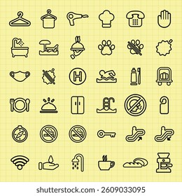 Grid of 36 black hotel icons on yellow background. Includes icons for swimming, dining, and amenities. Hotel symbols like key, shower, and phone repeated. User interface icon vector set.