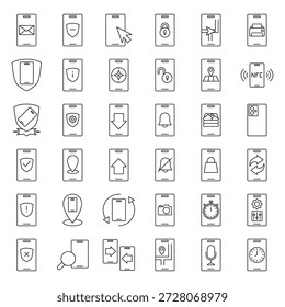 Cuadrícula de 36 iconos de contorno de dispositivo móvil