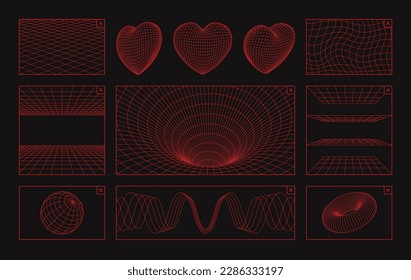 Grid 3d symbols. Future poster wireframe 90s elements. Neon geometric meshes, futuristic y2k line patterns, heart and wave cyberpunk shape editable stroke paths. Vector set. Abstract flowing surface