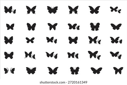 Una cuadrícula de 40 siluetas de mariposa negra con diferentes posiciones de ala sobre un fondo blanco liso