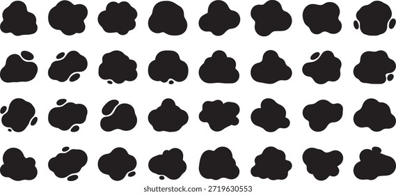A grid of 40 black inkblot patterns arranged in four rows of ten, on a plain white background