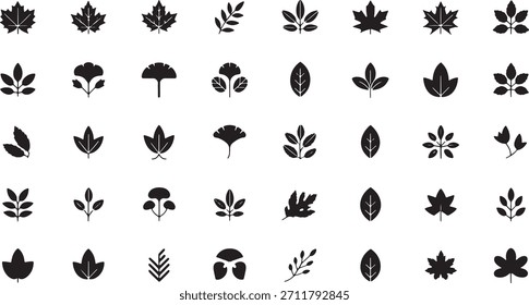 A grid of 40 small, black, stylized silhouettes of various leaves and plant elements on a white background.