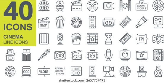 Uma grade de 40 ícones de linha fina relacionados a cinema e filmes, exibidos em um fundo branco.