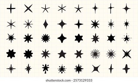 A grid of 48 black star shapes, each unique. Various star designs, including pointed, rounded, and abstract. Black star shapes on a light background. Element vector set.