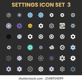 A grid of 49 icons, all variations of gears or settings icons. 


The icons are arranged in a 7x7 grid pattern. 


Each icon is a different color or style; some are solid colors (black, teal, purple, 