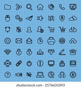 Grid of 49 technology icons on blue background. Icons include phone, cloud, lock, and computer. Simple, modern design for tech, communication, and security themes. User interface icon vector set.