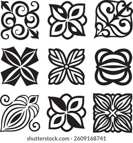 A grid of 4x4 black and white line art design, each with a unique ornamental flourish or decorative