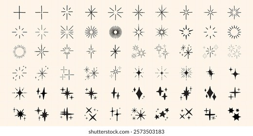 A grid of 54 star symbols, featuring various star designs. Each star symbol is unique, showcasing diverse star patterns and styles on a grid layout. Element vector set.