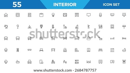 A grid of 55 simple line art icons representing various interior design elements and concepts. The icons are presented clearly on a clean white background.