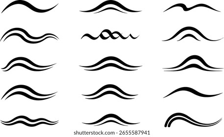 A grid of abstract black brush strokes, each forming a unique wavy or curved line, presented on a white background.