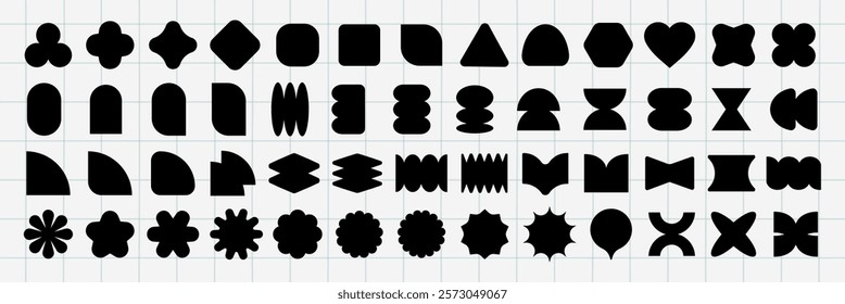 Grid of abstract black shapes on a white background. Various geometric forms like circles, triangles, and squares. Bold black shapes in a neat grid layout. Black shapes, vector element set.