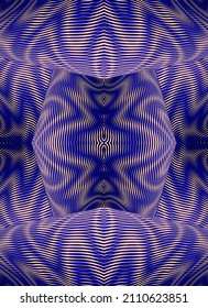 Grid abstract geometric ornamental seamless background with trendy optical illusion effect. Vector wavy linear moire textured digital graphics in indigo tones.