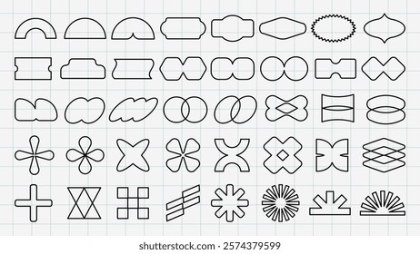 Grid of abstract geometric shapes. Various geometric shapes like circles, ovals, and crosses. Geometric shapes arranged in rows on a grid background. Black shapes, vector element set.