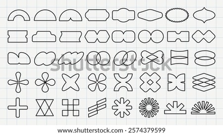 Grid of abstract geometric shapes. Various geometric shapes like circles, ovals, and crosses. Geometric shapes arranged in rows on a grid background. Black shapes, vector element set.