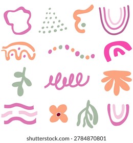 A grid of abstract, irregular shapes and squiggles in pink, peach, green, and purple tones on a white background; varied forms include curves, dots, arches, and plant-like silhouettes.