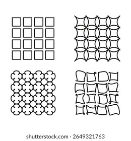 Padrões abstratos de grade. Formas lineares geométricas. Quatro amostras de textura. Elementos ópticos vetoriais.